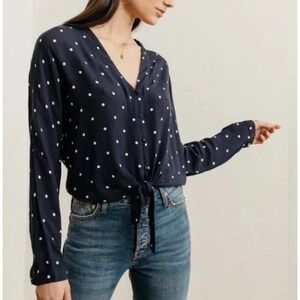 Rails Sloane Navy White Polka Dot Blouse Tie Front V-Neck Button Top S